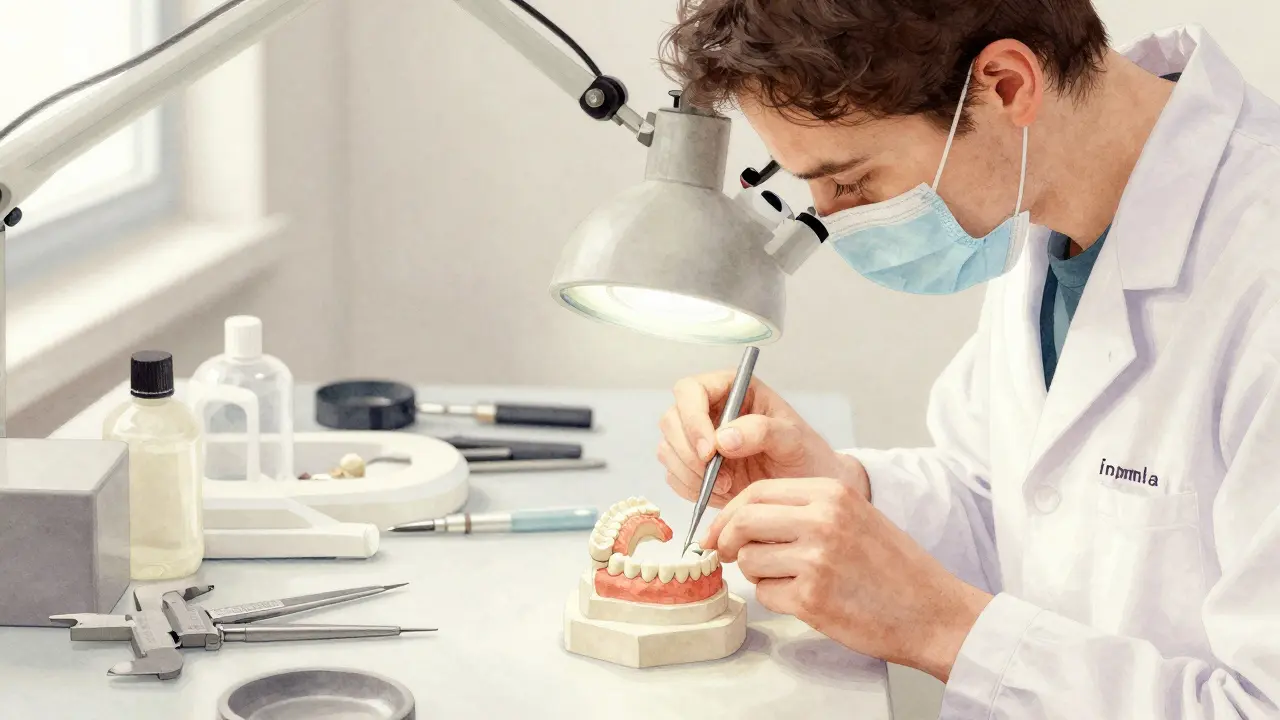 Zubní technik v laboratoři připravuje keramickou fazetu pod lupa.