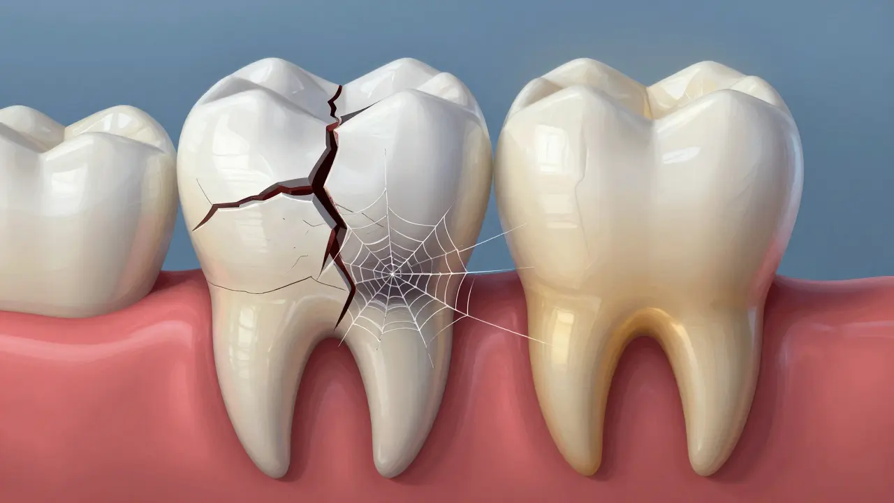 Bílý zub s skrytým vnitřním poškozením a jeho zdravá alternativa.