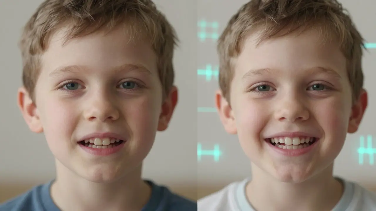 Child's jaw before and after molecular treatment, showing natural alignment without braces.