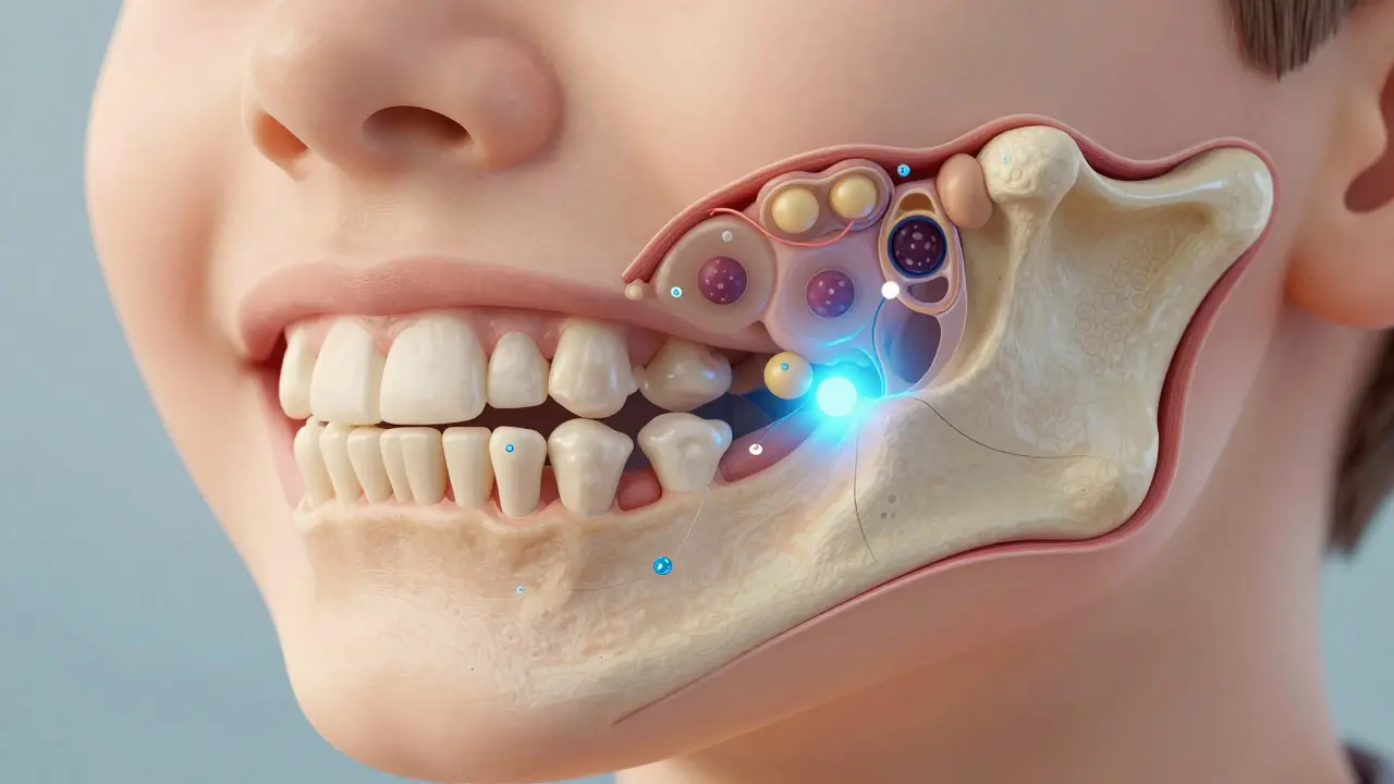 Cross-section of a child's jaw showing bone cells responding to molecular signals for guided growth.