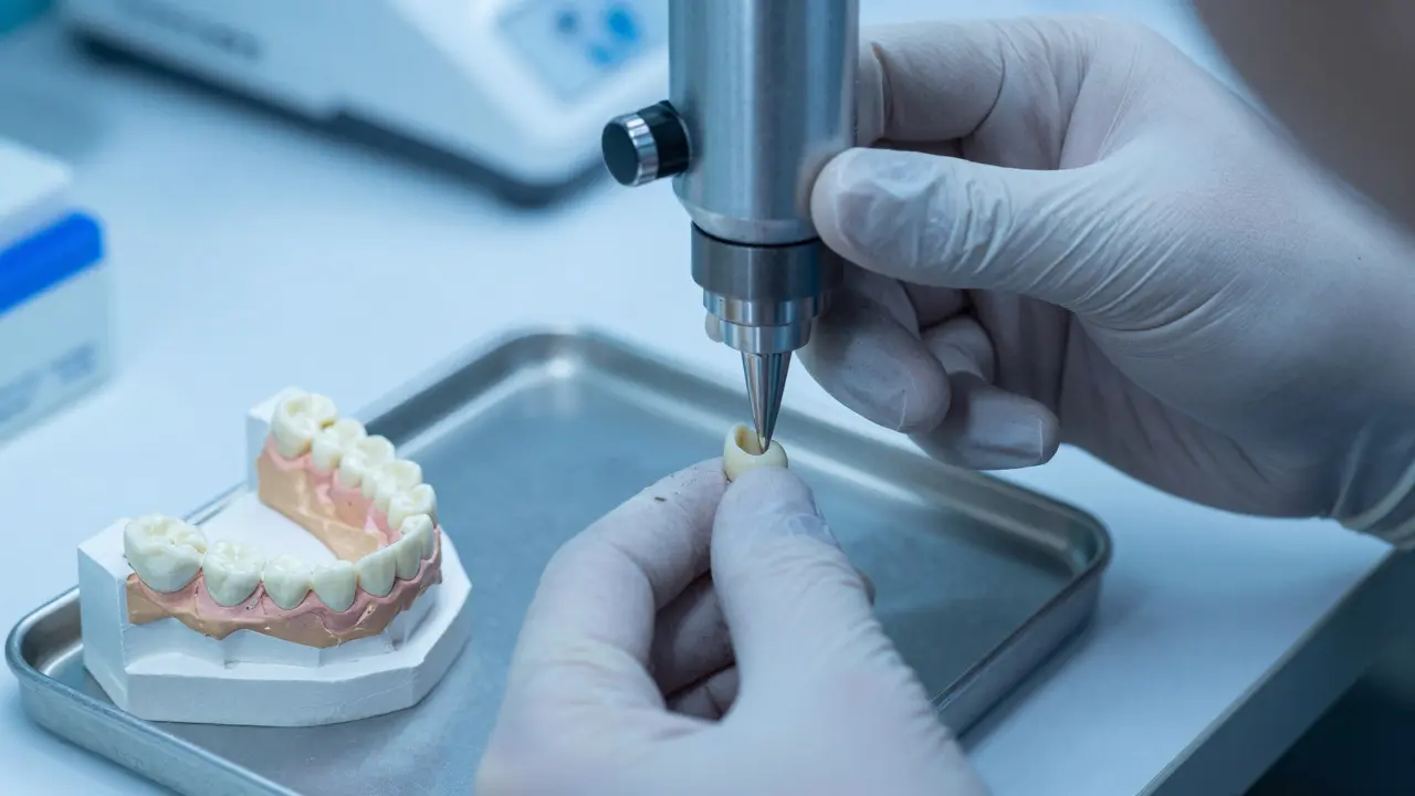 Dental technician fabricating a custom composite inlay in a laboratory setting.