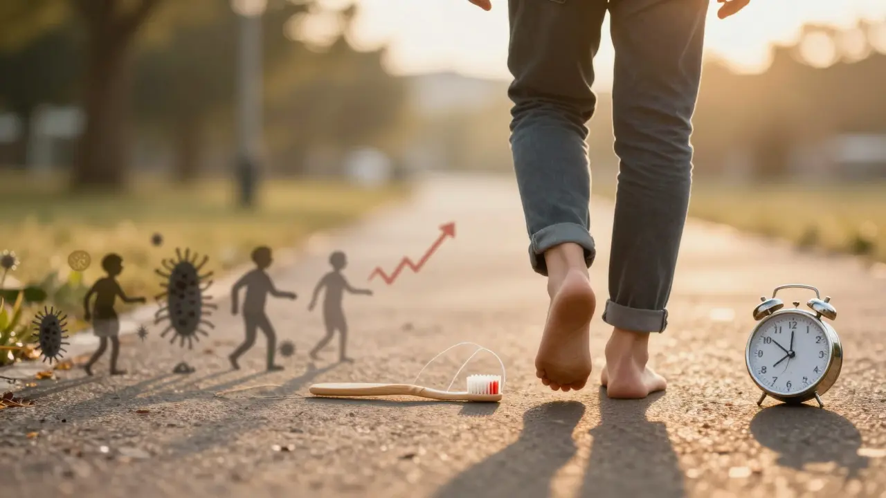 Diabetik jde cestou ke zdraví, kde každý krok představuje péči o ústa — zubní kartáček, nit a čas.