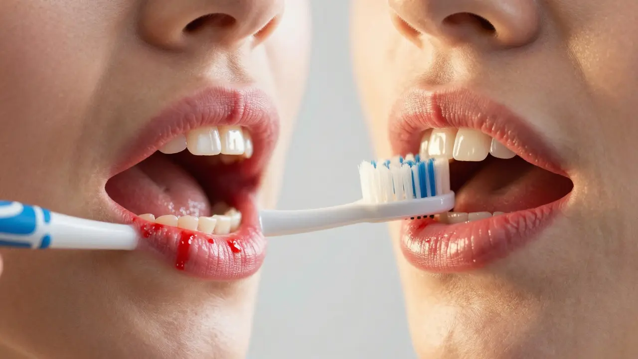 Kontrast mezi zánětem dásní a zdravými dásněmi po použití Curaprox.