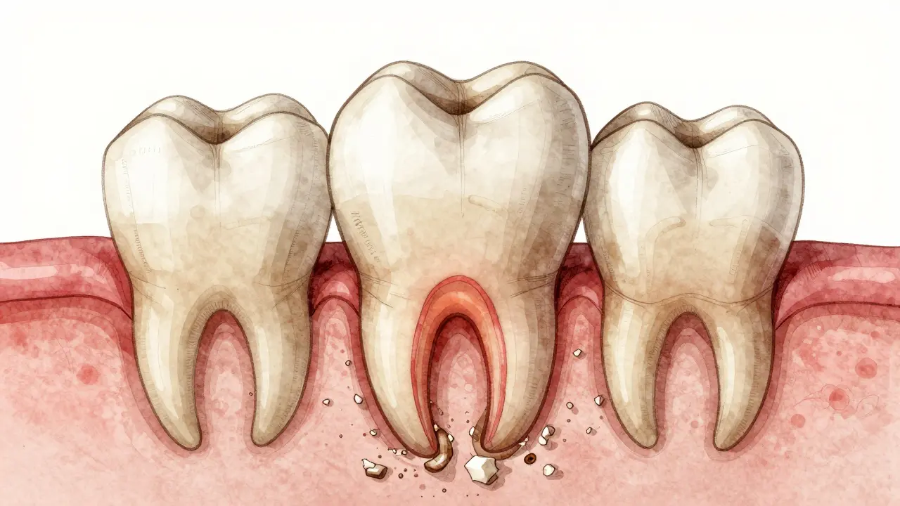 Kost kolem zubního kořene se postupně rozpadá kvůli neodstraněnému zubnímu kamenu.