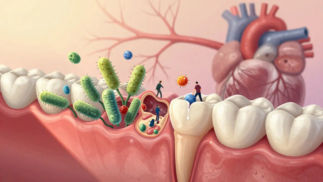 Křížový řez zobrazující bakterie plaku a jejich vliv na dásně a tělo