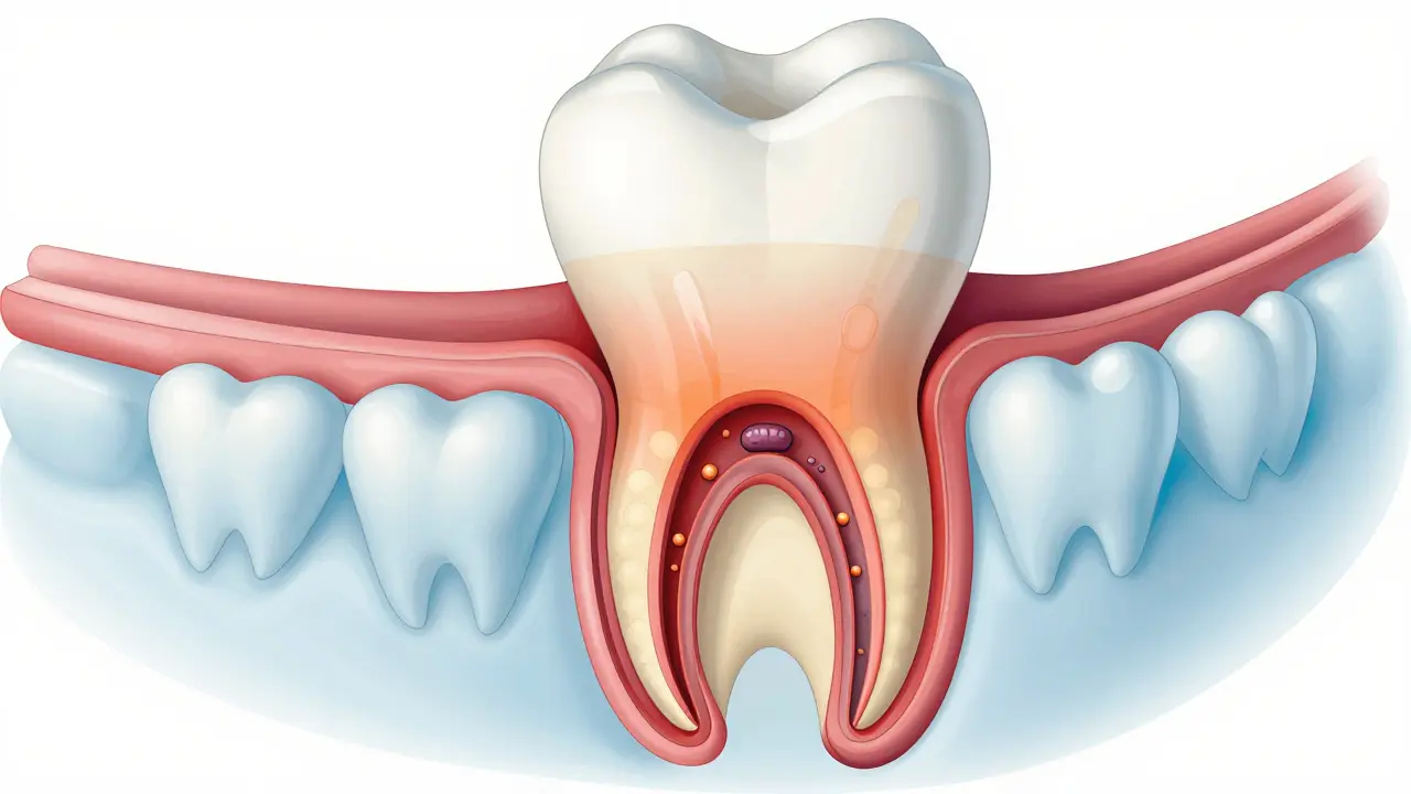 Křížový řez zubu s infikovaným můstkem a abscesem u kořene.