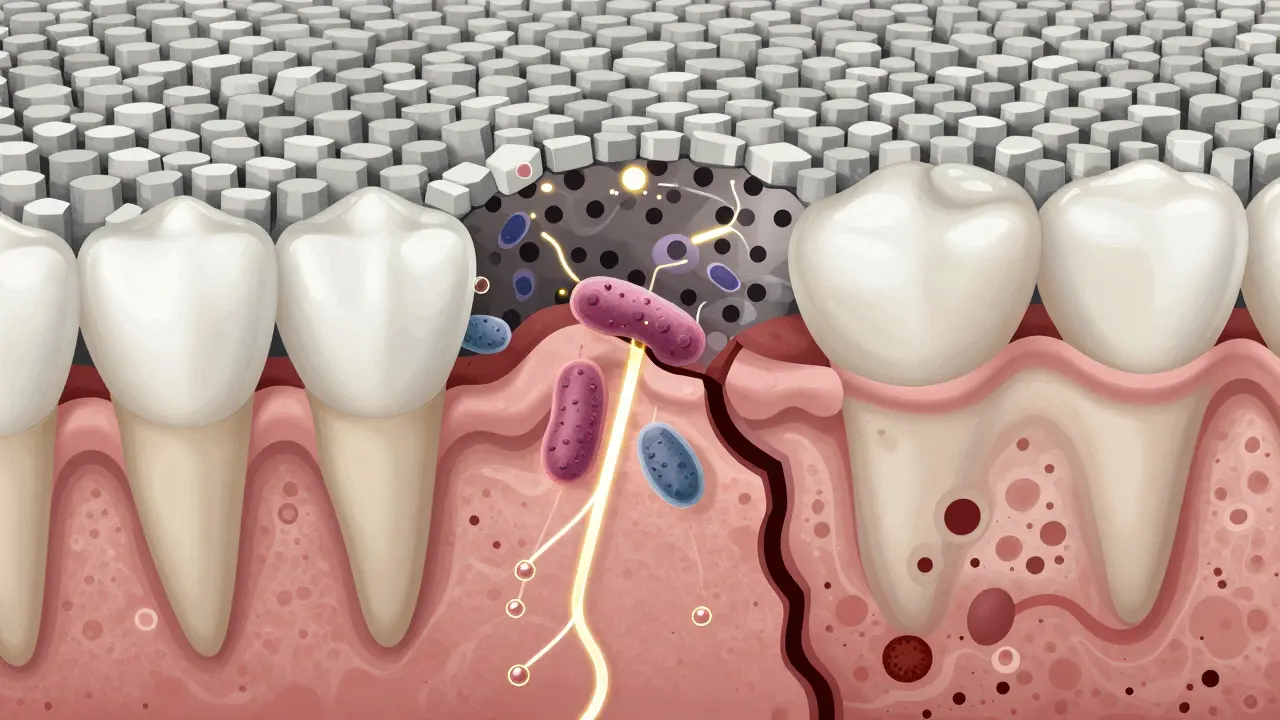 Mikroskopický pohled na průnik kyselin a bakterií skrz prasklinu v sklovině do dentinu.