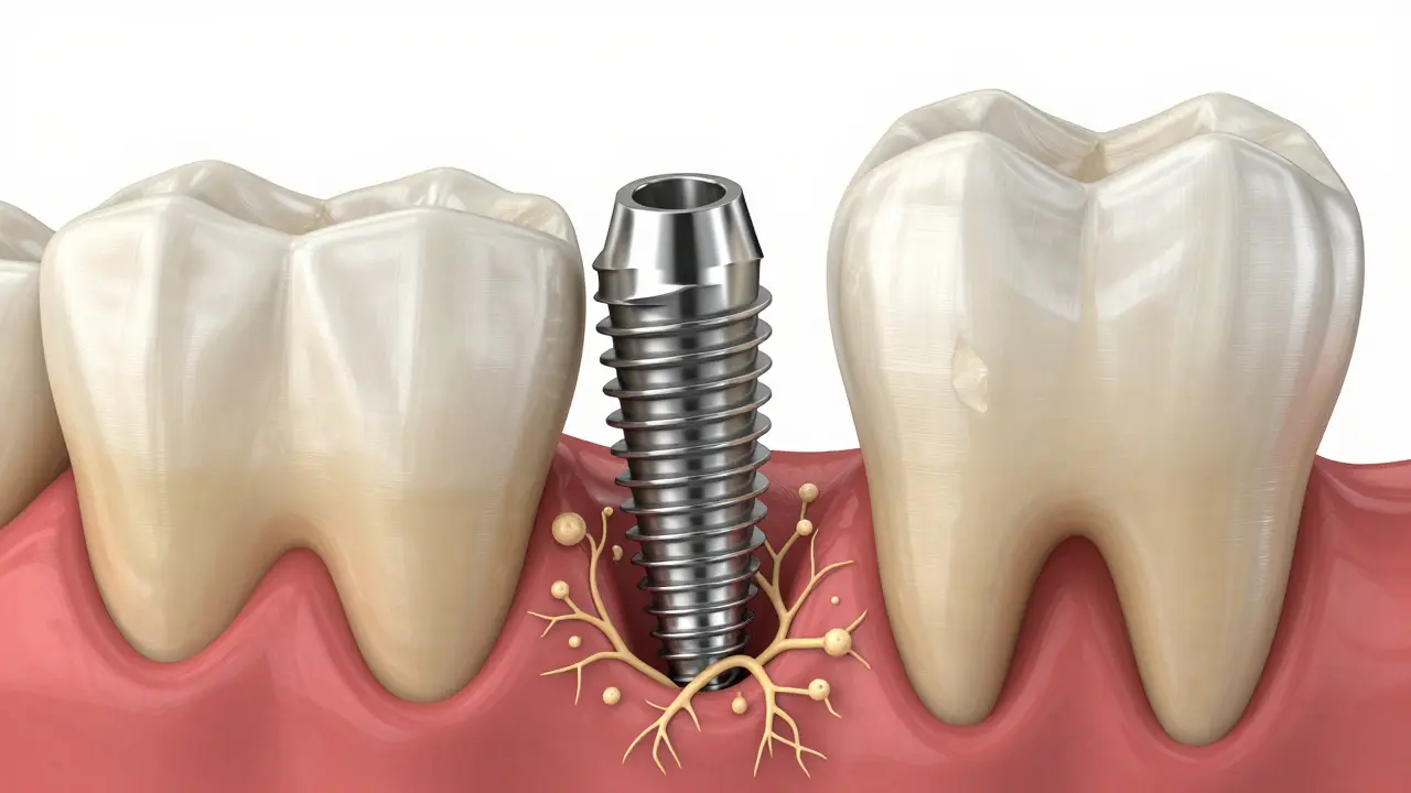 Mikroskopický pohled na zubní implantát spojený s čelistí, kde kost roste kolem něj jako kořen.