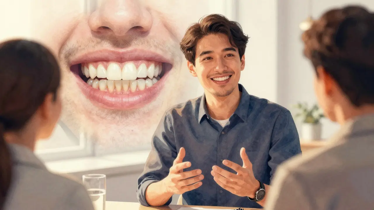 Muž během pracovního pohovoru se širokým úsměvem, za ním průhledná transformace jeho zubů.