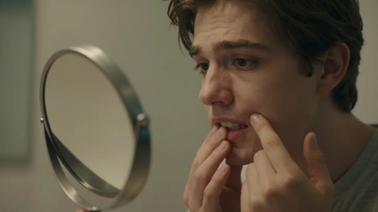 Muž se dívá do zrcátka a opatrně dotýká dásně předního zubu.