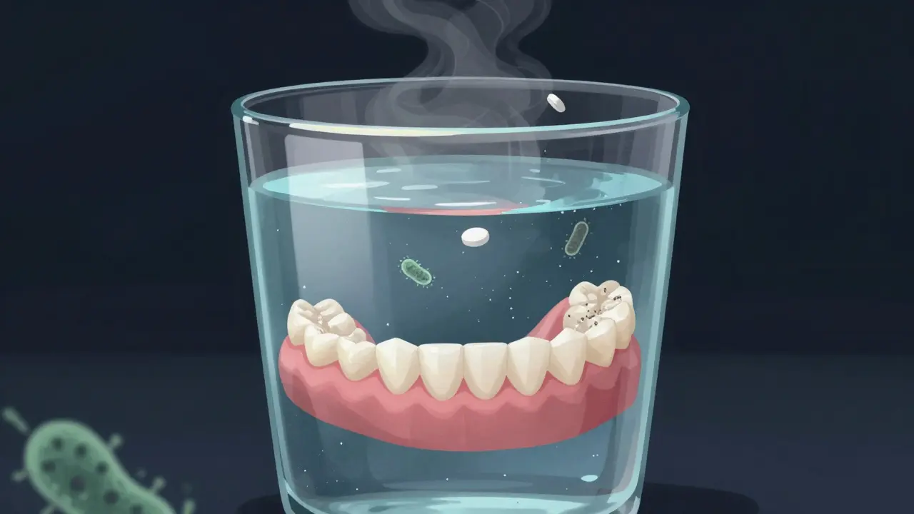 Nasazovací zuby ponořené ve vodě s čisticími tabletkami, symbolizující hluboké čištění.