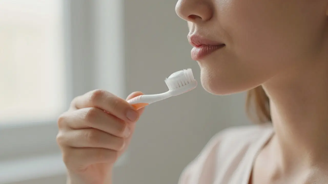 Osoba čistí zuby měkkým kartáčkem s kulatými štětinami