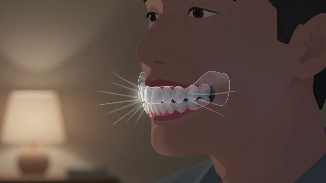 Osoba nosí noční ochrannou štětici během spánku