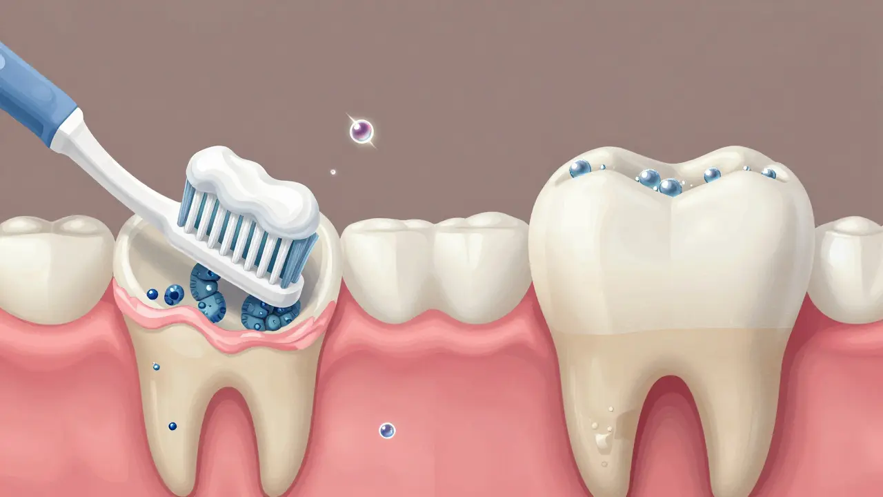 Porovnání poškozeného a obnovovaného zubu s minerály fluoridu a hydroxyapatitu.