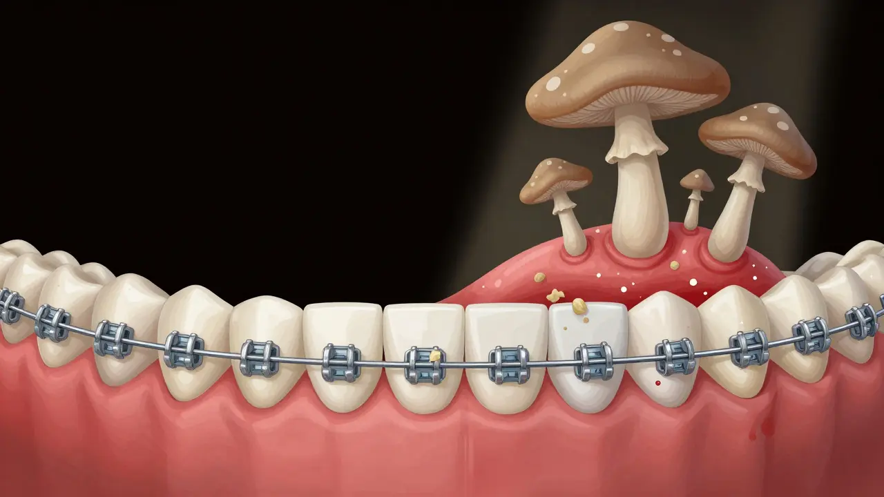 Porovnání zdravých a poškozených zubů s rovnátky a zánětem dásní.