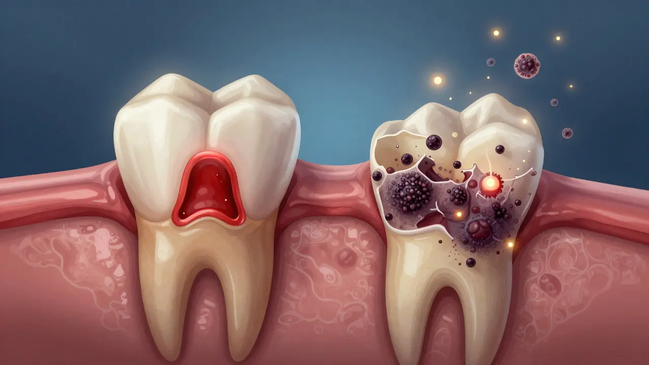 Přehled výřezu dásně: zdravá krevní sraženina vs. rozpadlá sraženina s expozicí kosti a bakteriálním biofilmem.