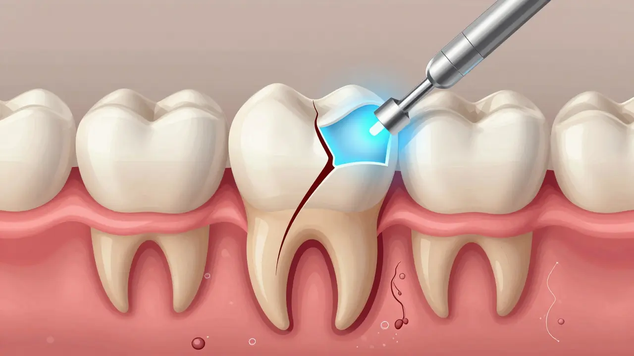 Přehled zubu s prasklinou a aplikací zapečetění lékařem