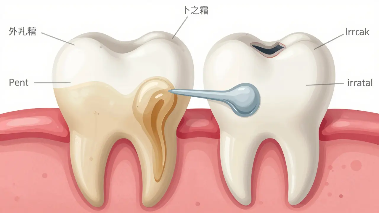 Přehledový náčrt zubu s pronikáním bělícího gelu do skloviny a poškozením dásně.
