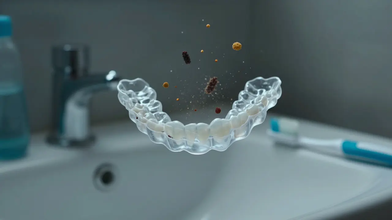 Průhledné rovnátka Invisalign s potravinami a bakteriemi kolem.