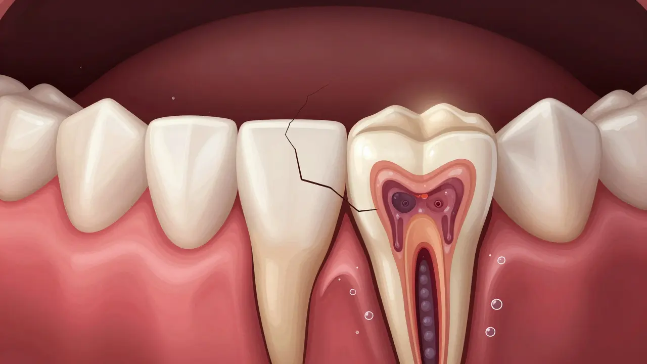 Průřez předního zubu ukazující poškození skloviny a zánět nervu.