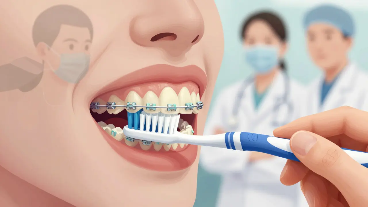 Ruka drží Curaprox kartáček při čištění zubů s braketami, bez nátlaku.