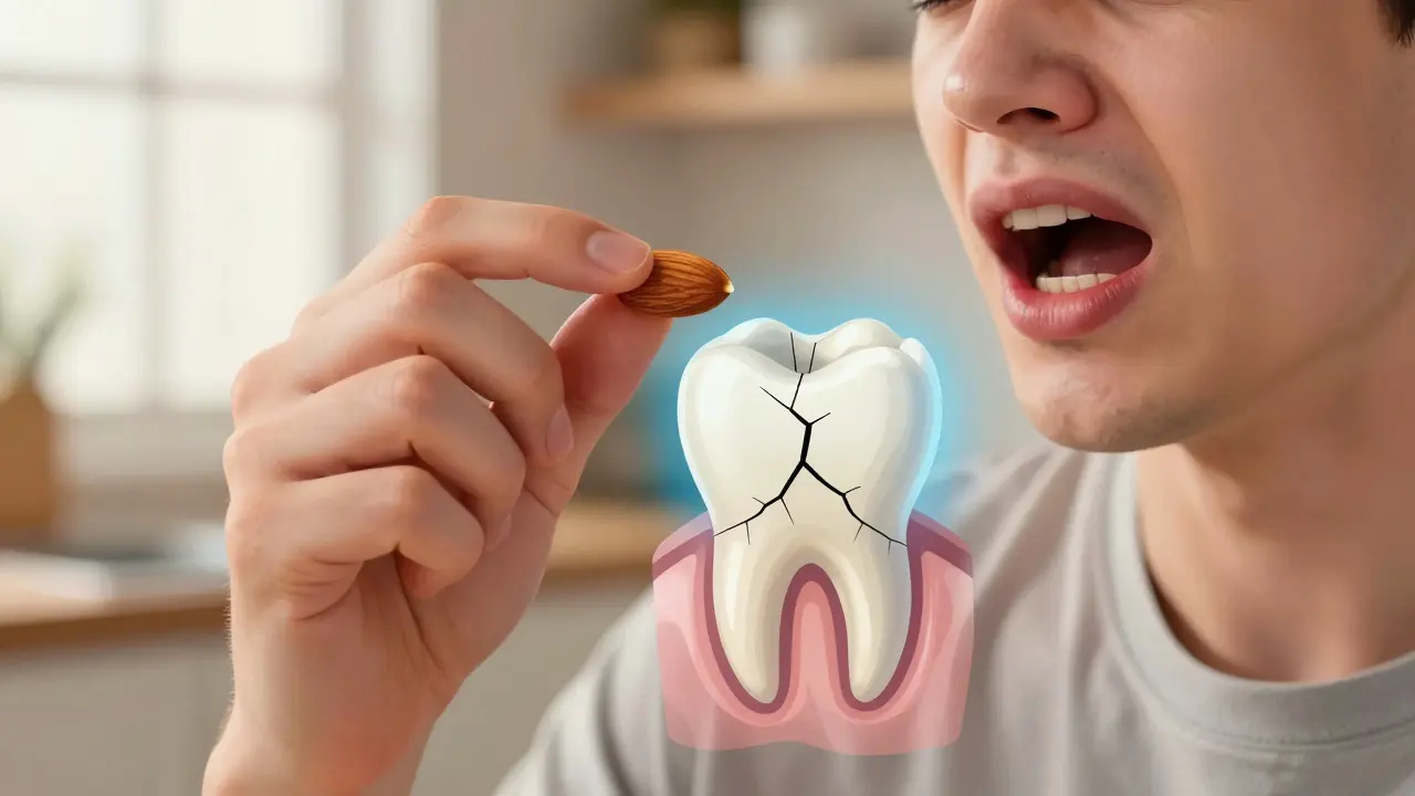 Ruka drží oříšek, zatímco vnitřní struktura zubu ukazuje skrytou prasklinu a stres v dutině.