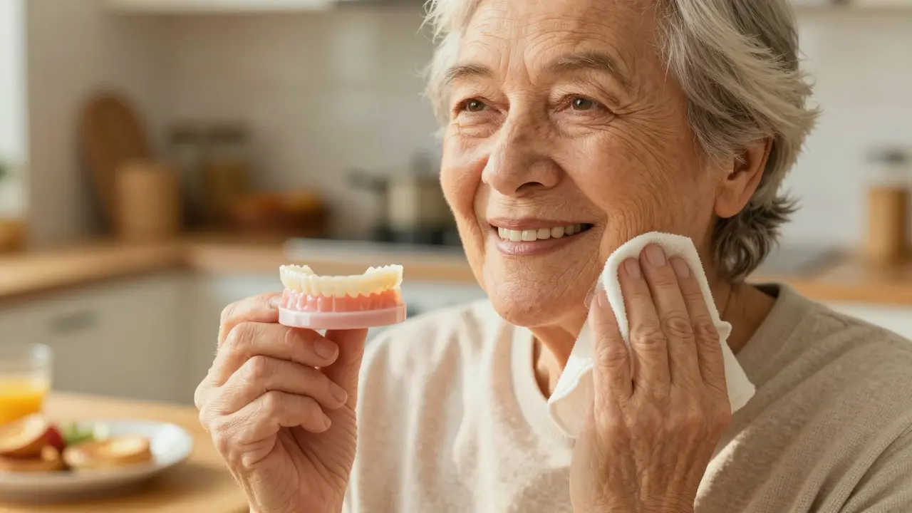 Starší osoba jemně masíruje dásně hadříkem, drží v ruce nasazovací zuby.