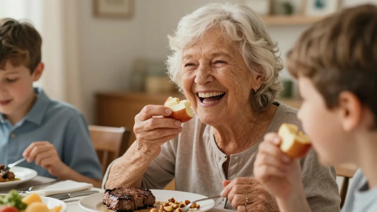 Starší žena směje se během rodinného večeře, žvýká jablko s přirozeným úsměvem.