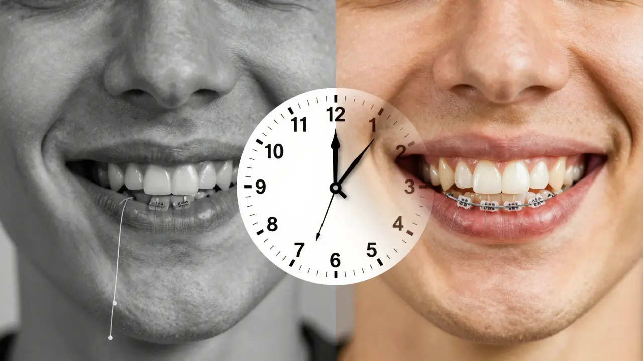 Transformace úsměvu od zakřiveného k rovnému s důrazem na pravidelnou výměnu gumiček.