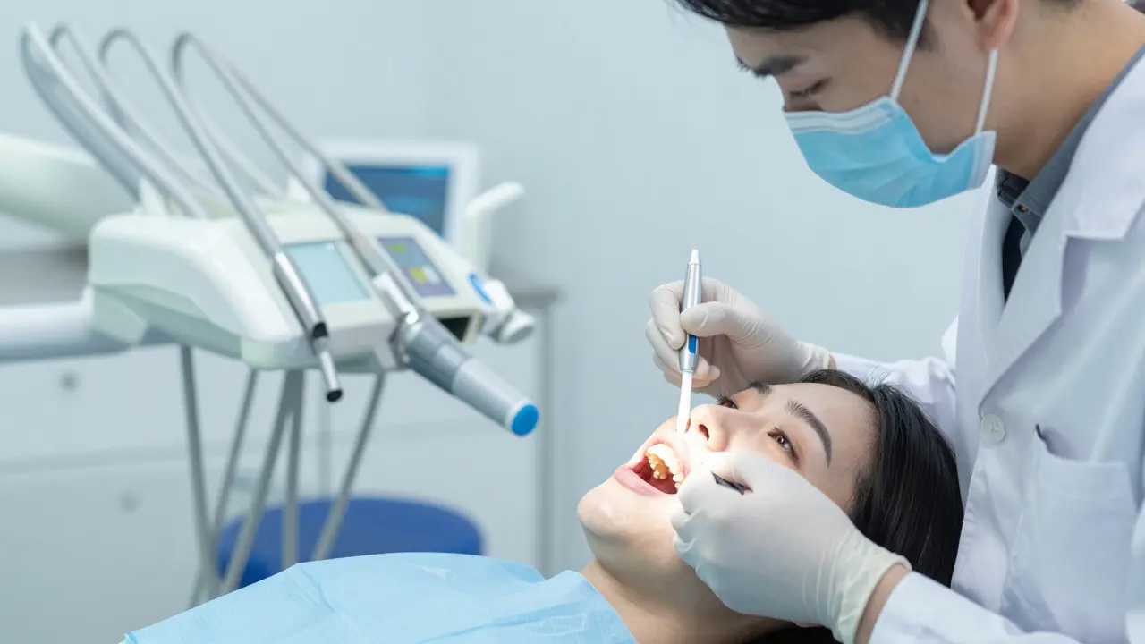 Zubní lékař aplikuje fluorový lak na zub během léčby