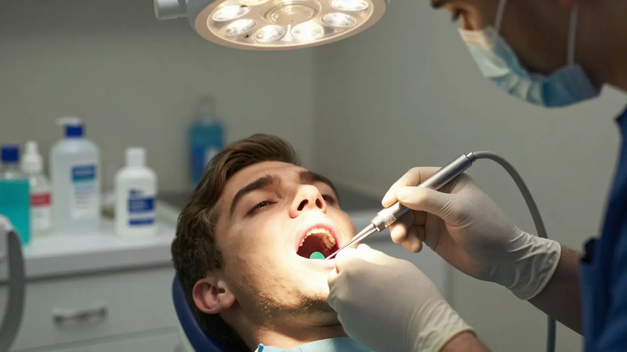 Zubní lékař čistí jamku po vytržení zubu pomocí léčivého gelu v klinice.