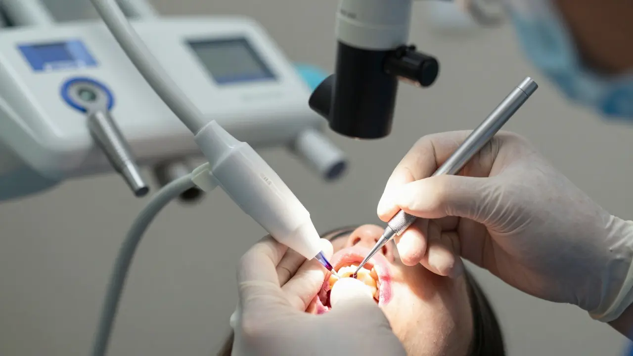 Zubní lékař provádí kanálové ošetření s odstraňováním hnisu.