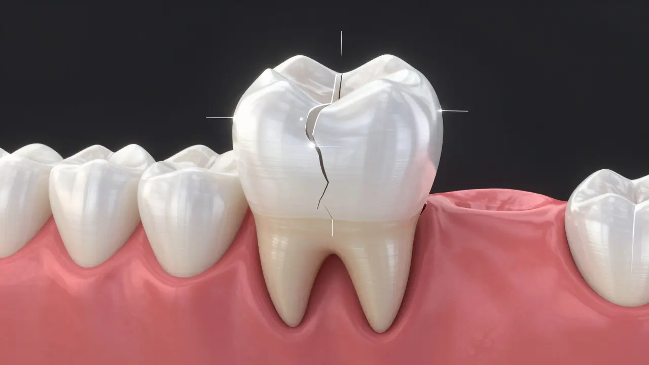 A damaged tooth being restored by a thin, custom-fitted ceramic shell that blends seamlessly with the natural tooth structure.