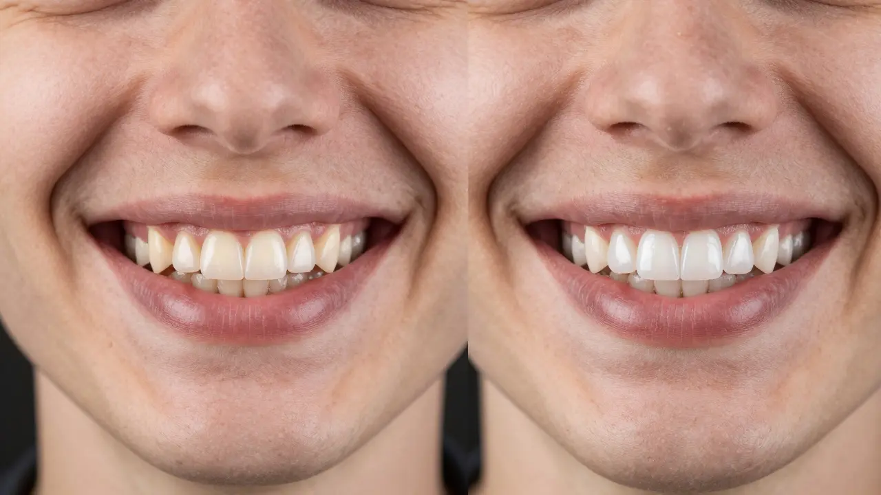 Before and after smile comparison showing natural yellow teeth versus a bright, even smile with ceramic veneers.
