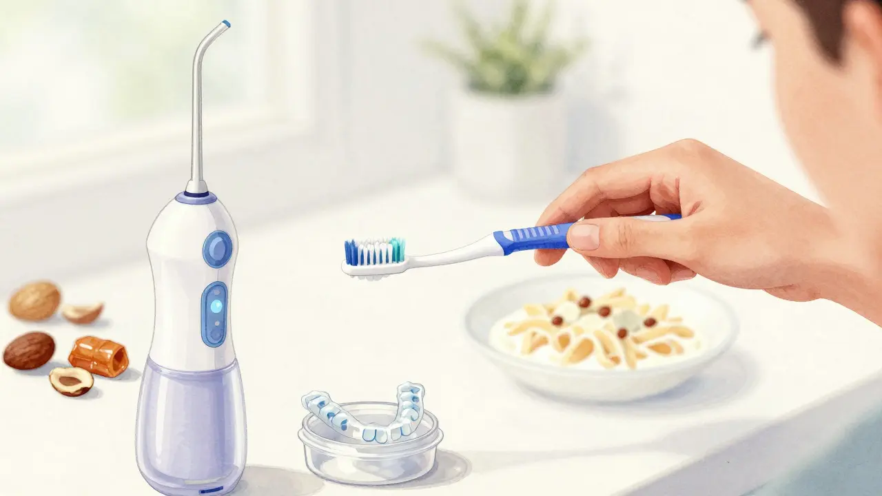 Člověk čistí zuby speciálním kartáčkem při nošení rovnátek, kolem něj potraviny.