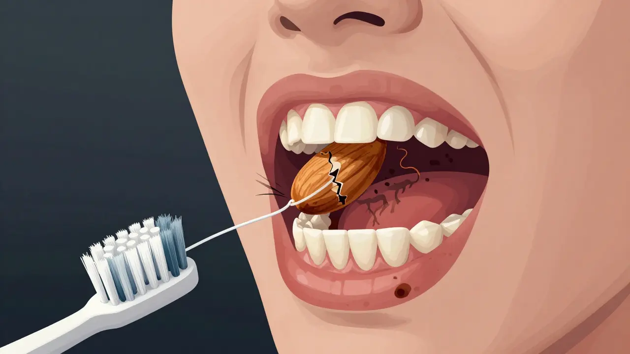 Člověk kousá do oříšku, zatímco jeho plomba praská, s kávovými skvrnami a bakteriemi pod ní.