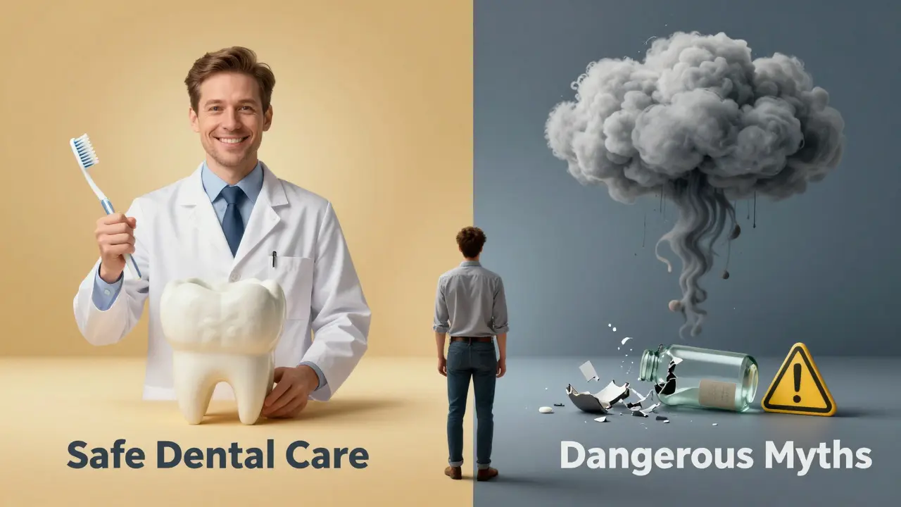 Člověk se rozhoduje mezi bezpečnou ústní péčí a nebezpečným mýtem o pití peroxidu vodíku.