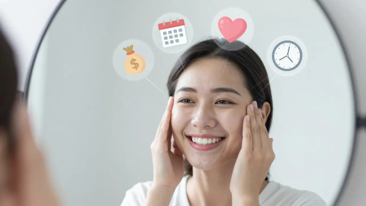 Člověk se širokým úsměvem s představou úspor, méně návštěv u zubního a zdravých dásní.