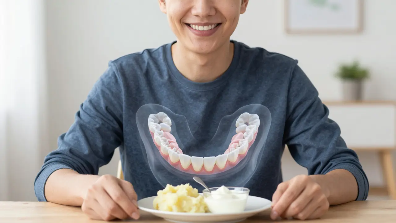 Člověk usmívá se s nasazovacími zuby během jídla měkkých potravin.