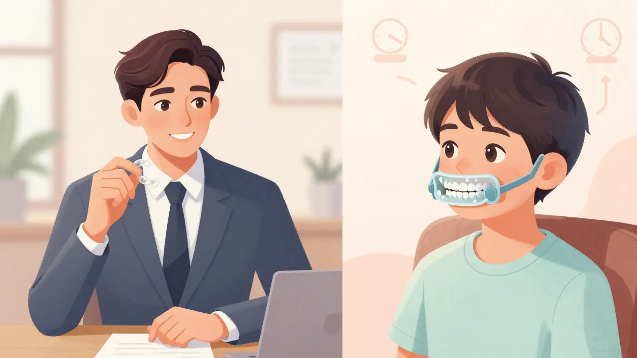 Dítě nosí Myobrace za domácnosti, vedle něj dospělý s průhlednými rovnátky – dvě cesty k úpravě úsměvu.