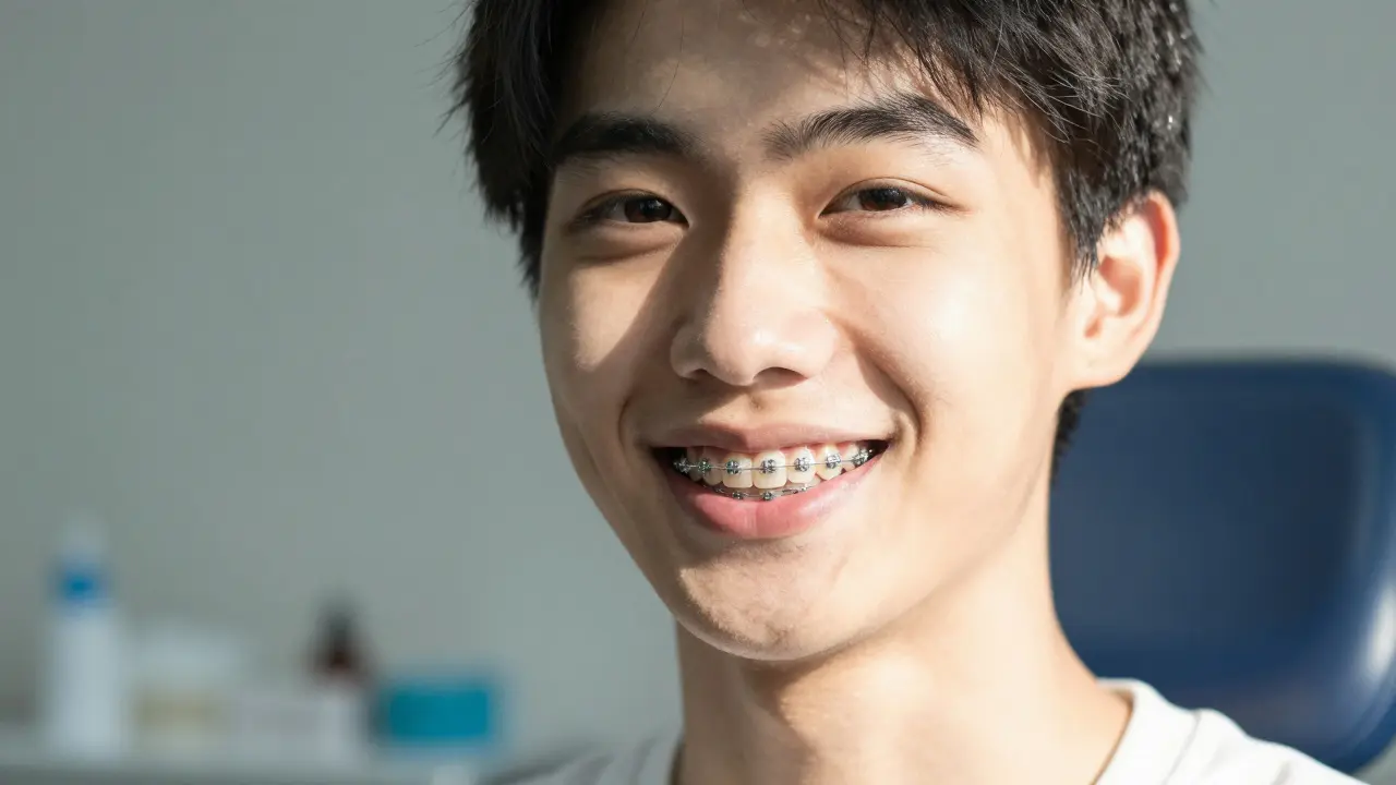 Dospělý muž se směje s téměř neviditelnými gumkami na rovnátka.