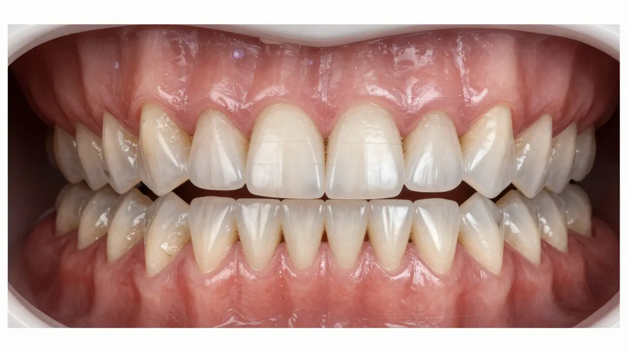 Dvojitý obraz: špatně vyrovnané zuby vlevo a zdravě vyrovnané vpravo po léčbě