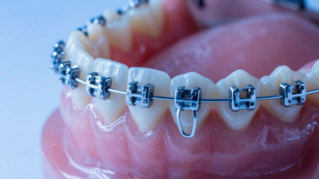 Fixní rovnátka kovovou drátem na zubech pro korekci