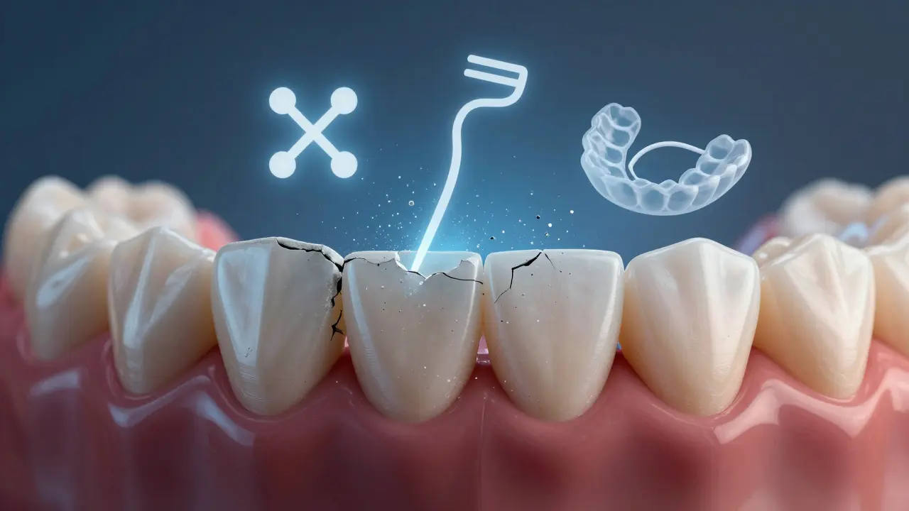 Kombinace zdravého zubu a rozpadajícího se cementu s prvky prevence jako fluorid a nit.