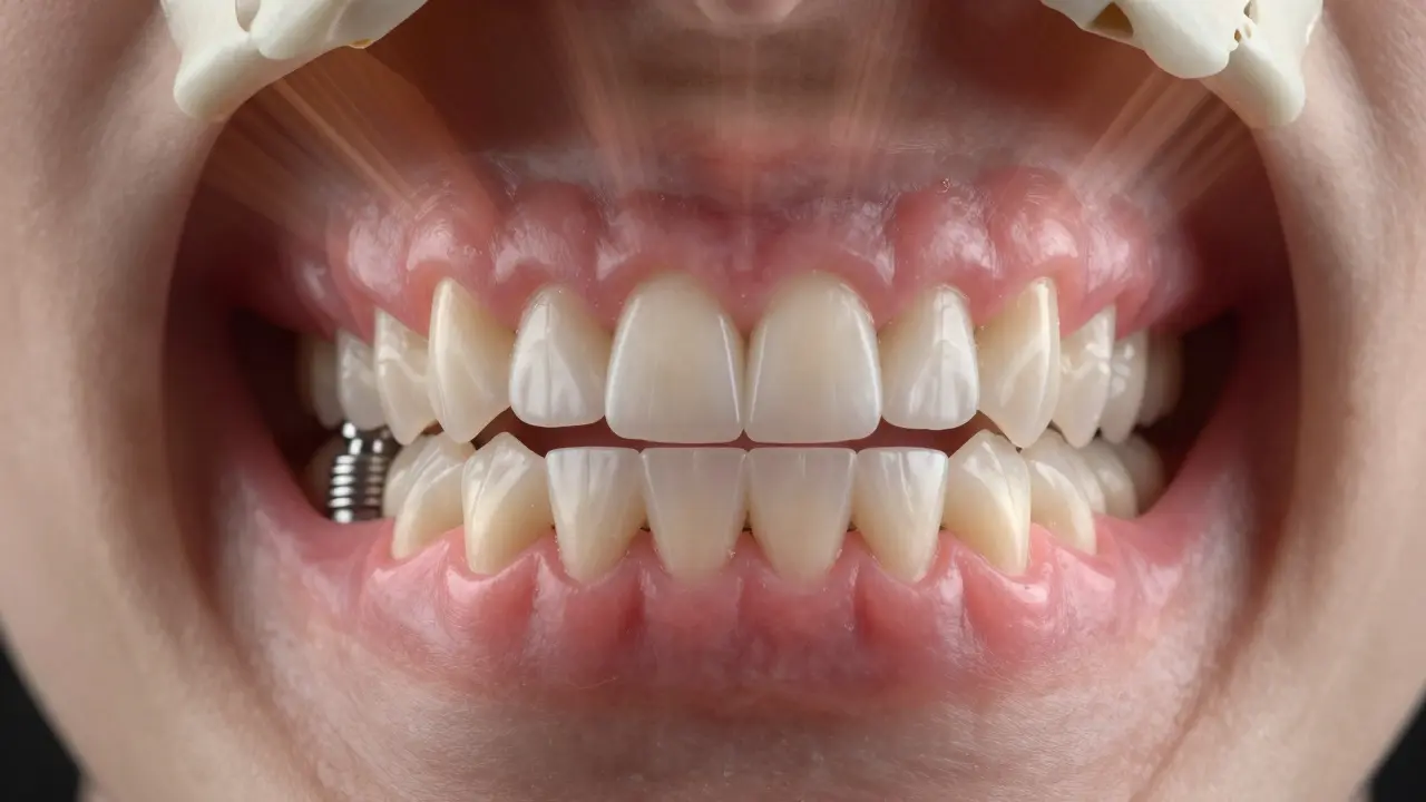 Kostní implantát s přirozeně vyrobenými nasazovacími zuby.