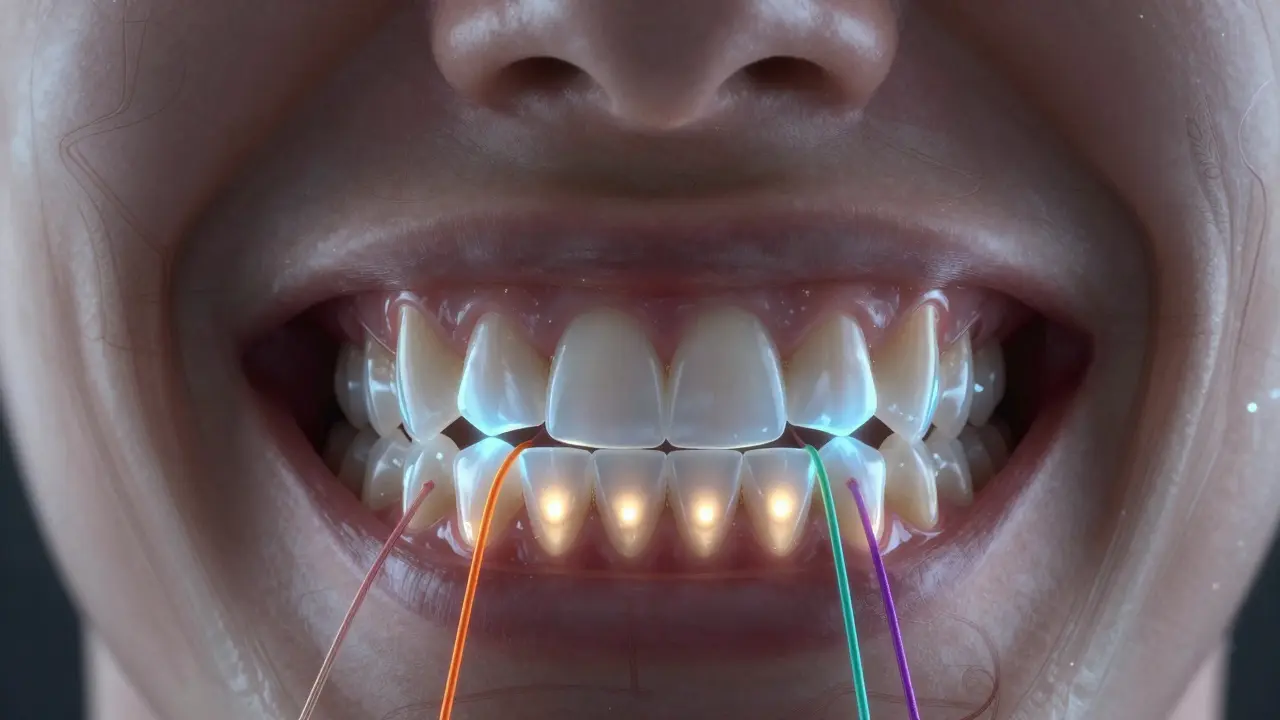 Křížový řez čelisti s gumkami přesouvajícími dolní čelist dopředu.