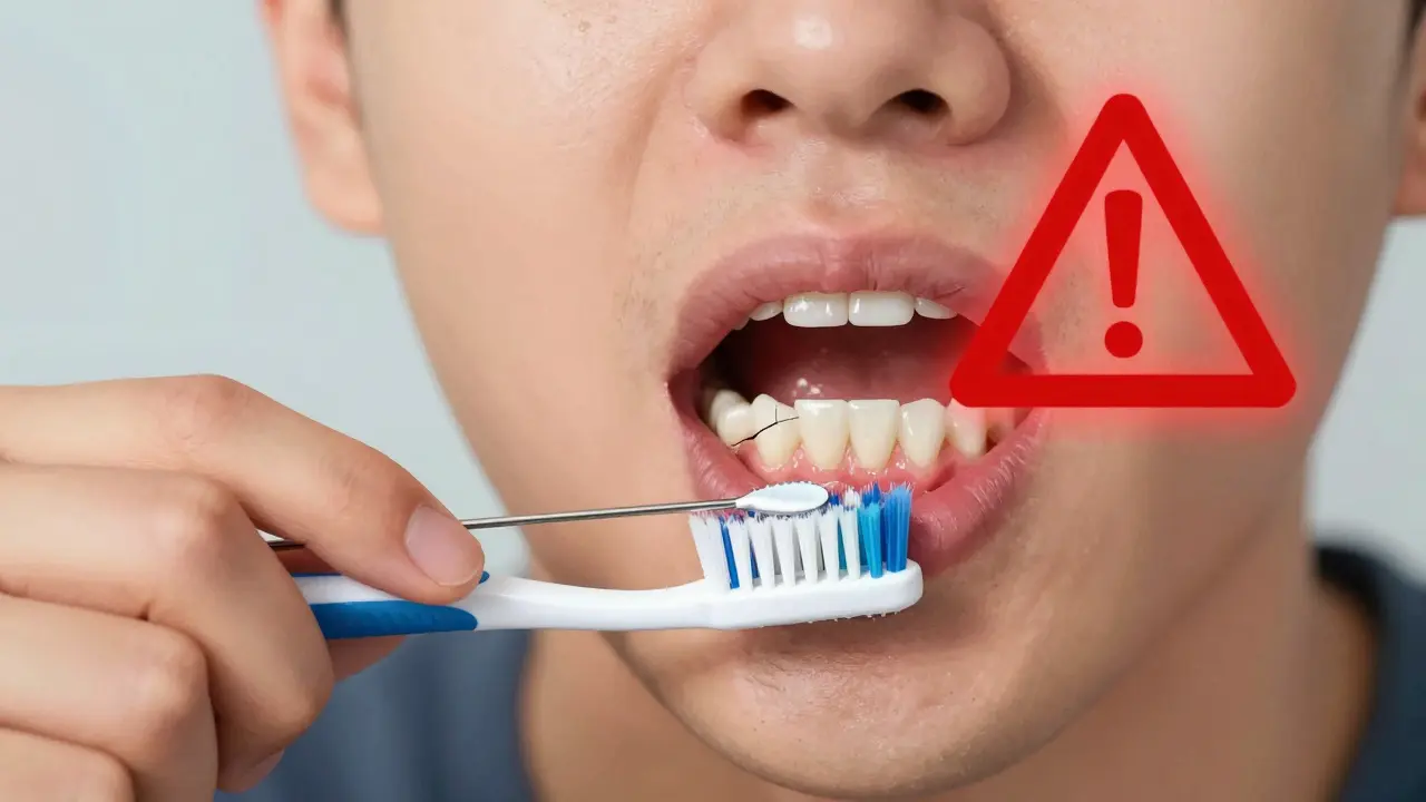 Osoba se snaží doma odstranit zubní kámen drátem, poškození zubního skla a krvácení dásní.