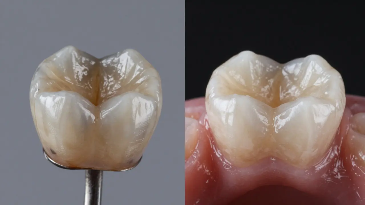 Porovnání staré kovové korunky s šedou čárou a moderní zirkonové korunky bez viditelných hranic.