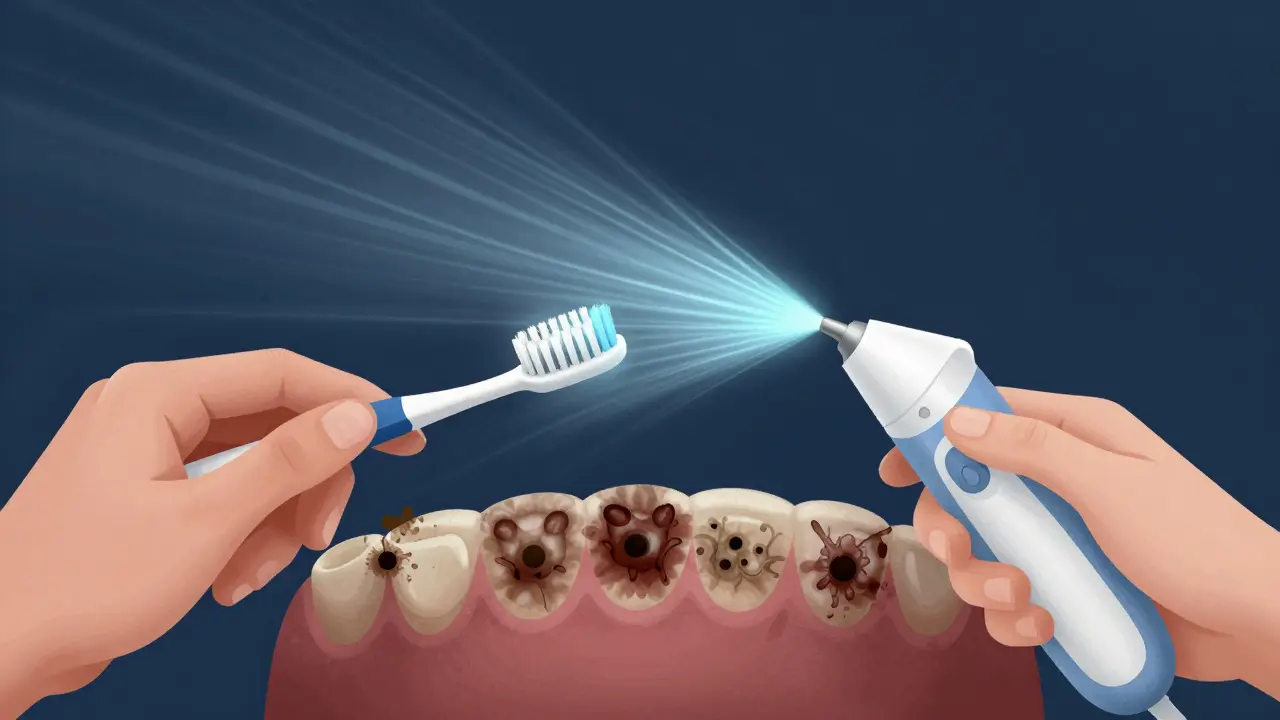 Porovnání tradičního kartáčku s ultrazvukovým čističem – jeden s nánosy plaku, druhý s čistícími vlnami.