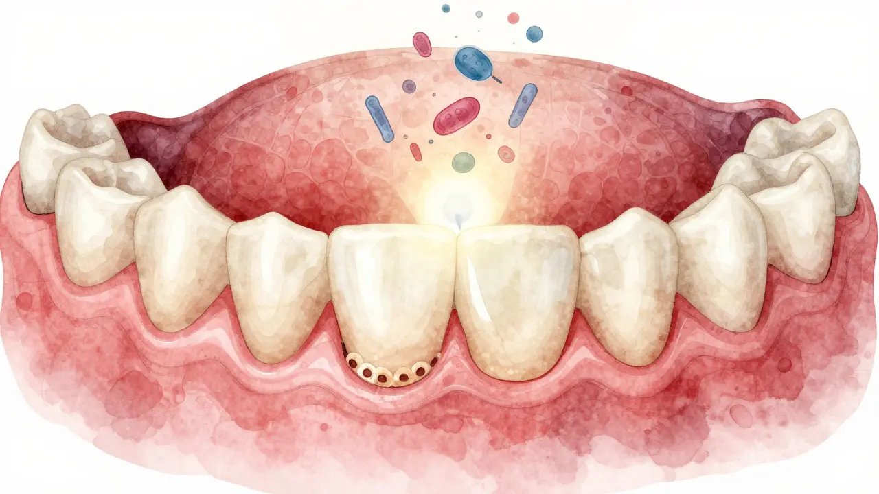 Přehledný výřez čelisti ukazující zubní kámen pod dásní a čištění po kyretáži